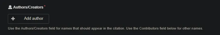 Screenshot of Zenodo’s mandatory “Authors/Creators” field with the “Add author” button.