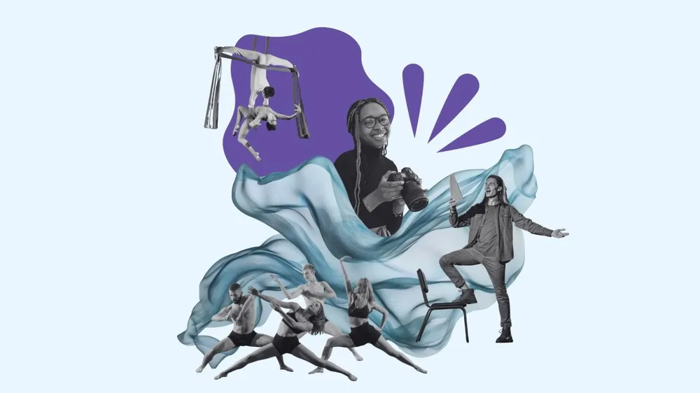 Collage of performing artists — aerialists, dancers and a photographer — against flowing blue fabric.