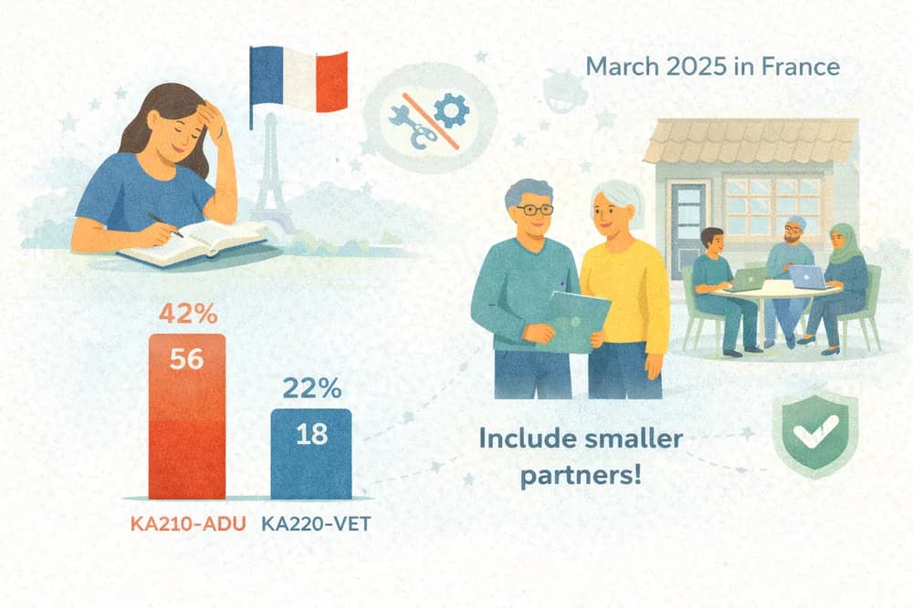 Illustration of March 2025 results in France: a bar chart showing 56 funded KA210-ADU projects (42%) against 18 funded KA220-VET projects (22%), captioned “Include smaller partners!”.