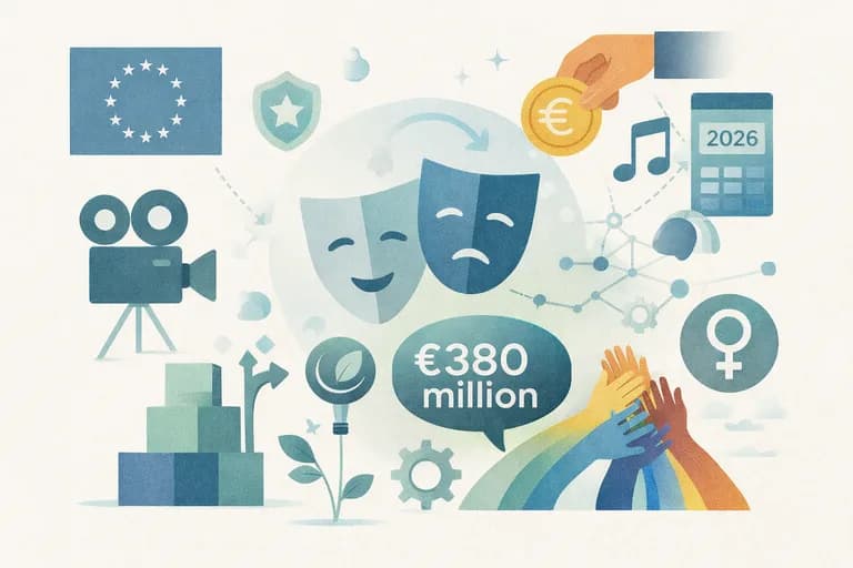 Collage of Creative Europe themes — theatre masks, a film camera, a euro coin and raised hands — around a speech bubble reading “€380 million”.