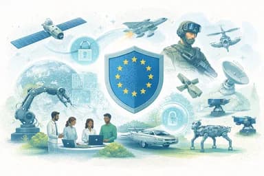 Collage of EU defence and innovation imagery — a shield with the EU stars surrounded by satellites, drones, robotics and researchers.