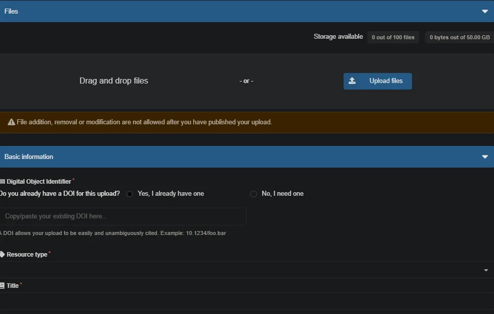 Screenshot of the Zenodo upload page: a drag-and-drop file area, a warning that files cannot be changed after publishing, and the start of the basic information form with the DOI question.