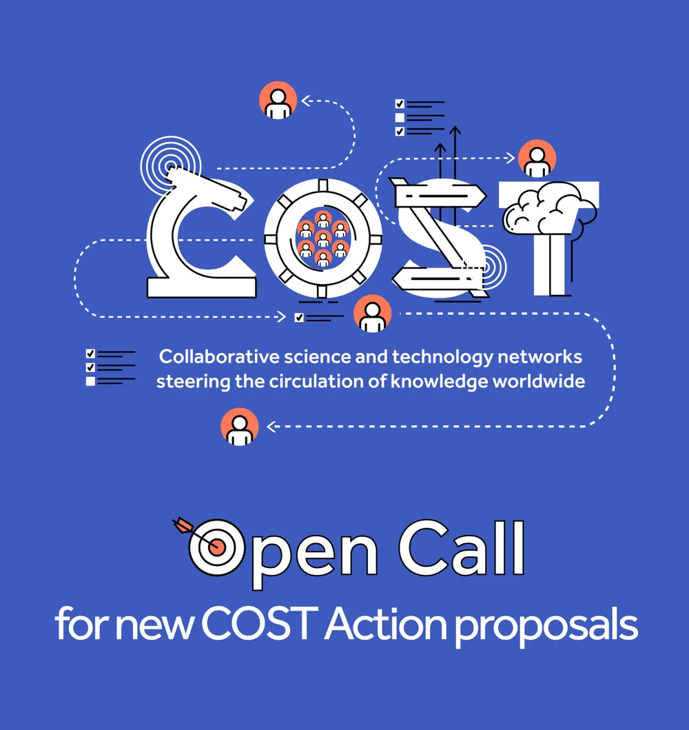 Poster for the COST open call for new COST Action proposals — collaborative science and technology networks.